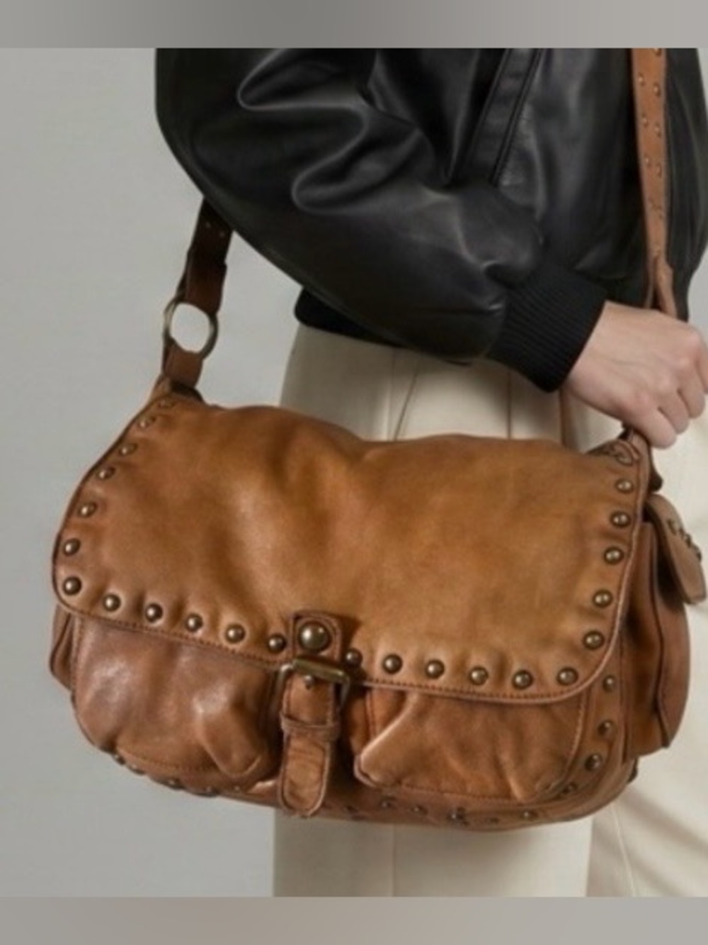 Vintage Linea Pelle Light Tan Leather Studded Leather BoHo Shoulder Bag